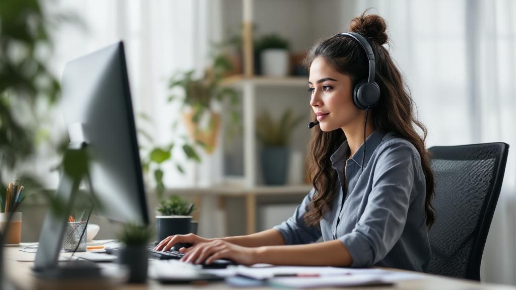 Mujer latinoamericana trabajando como asistente virtual desde su escritorio con auriculares y laptop