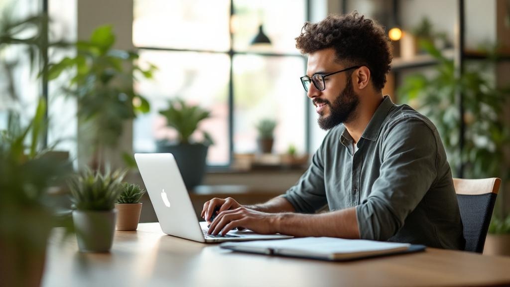Freelancer en Latinoamérica trabajando desde cafetería con laptop y café sobre la mesa