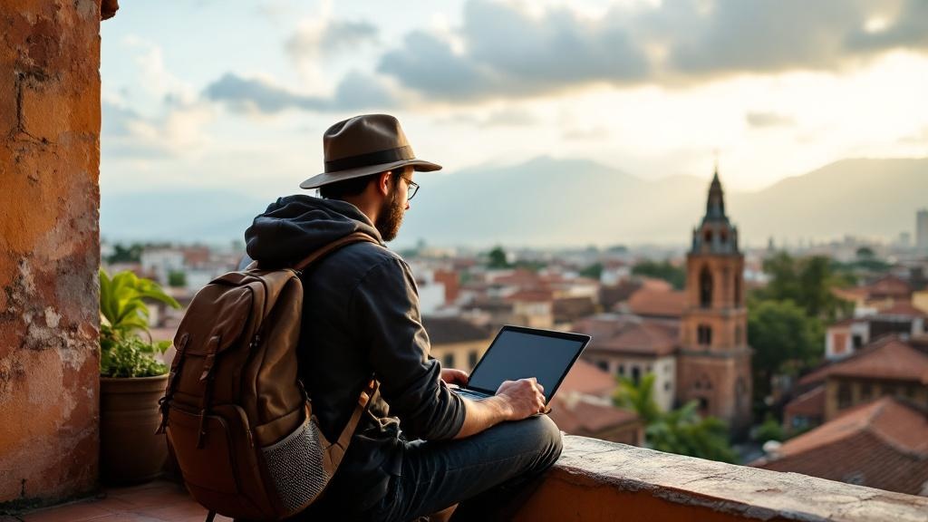 Nómada digital trabajando con laptop en terraza con vista a playa en Latinoamérica