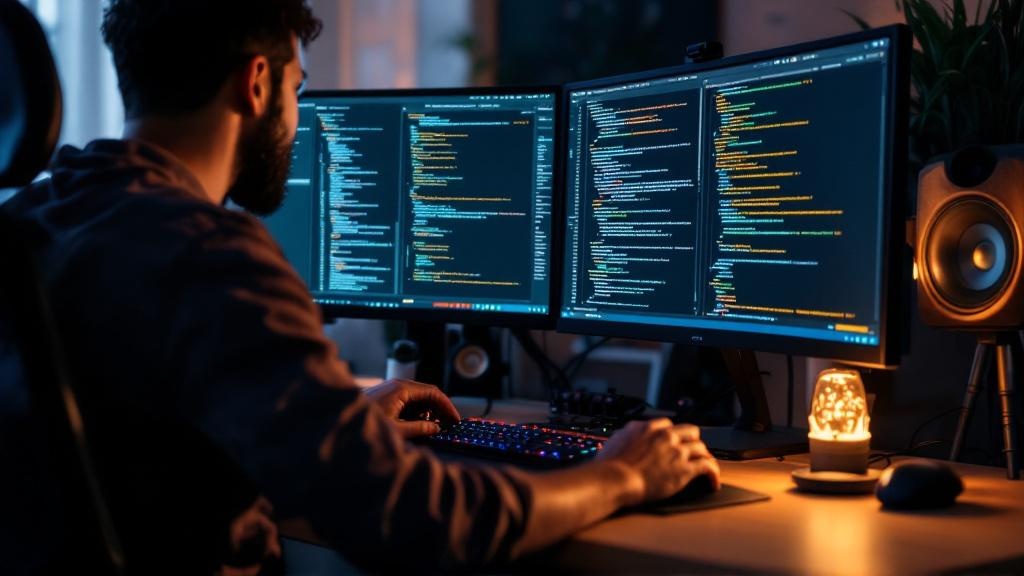 Programador remoto en Latinoamérica escribiendo código en laptop con dos monitores externos