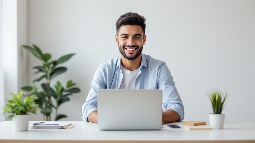 Joven estudiante iniciando su primer trabajo remoto sin experiencia desde casa con laptop